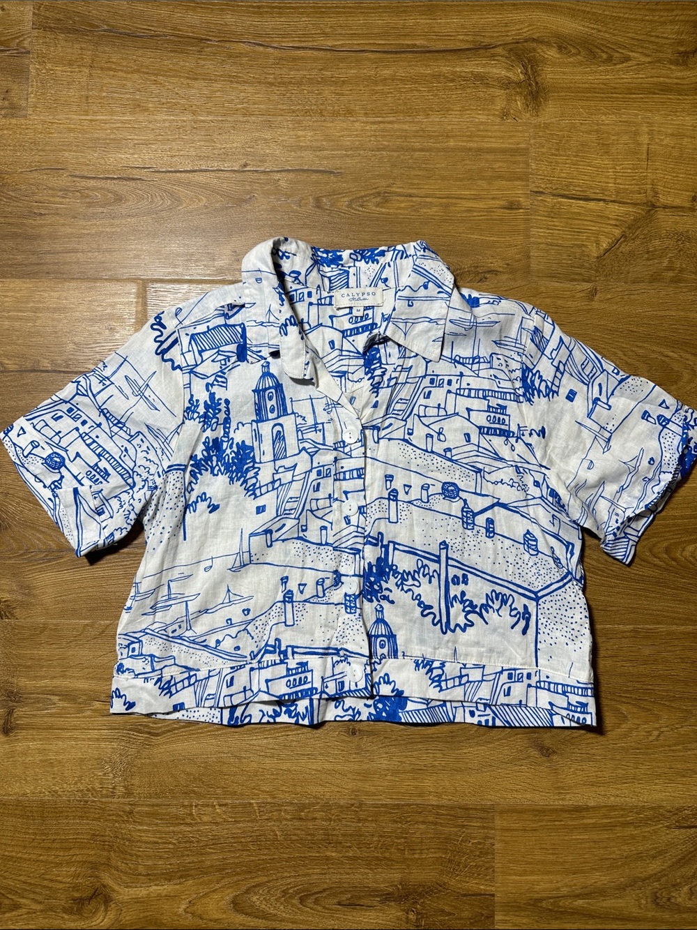 Calypso St. Barth White Button-Up Crop Shirt with Blue Scenic Print Size Medium